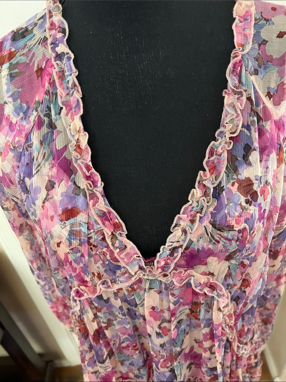 Johnny Was Pink and Purple Floral Ruffle Midi Dress - Picture 3 of 6